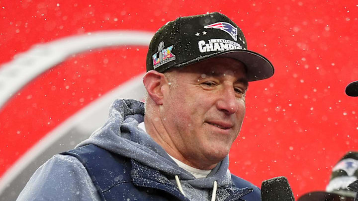 New England Patriots head coach Mike Vrabel speaks to the media after defeating the Denver Broncos. New England Patriots head coach Mike Vrabel speaks to the media after defeating the Denver Broncos.