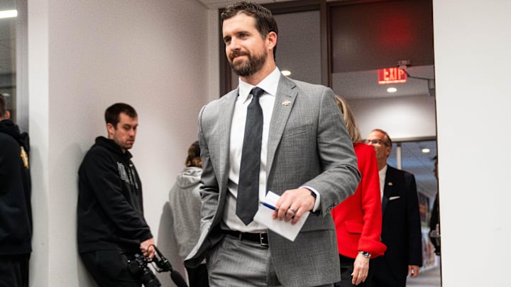 Iowa State head coach Jimmy Rogers arrives for his introductory press conference on Dec. 8, 2025, at Iowa State University in Ames, IA.