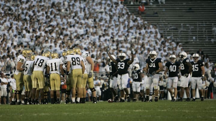 Sept 8, 2007; University Park, PA, USA; The Notre Dame Fighting Irish football team huddles before a play against the Penn State Nittany Lions in the second quarter at Beaver Stadium. Penn State defeated Notre Dame 31-10. Sept 8, 2007; University Park, PA, USA; The Notre Dame Fighting Irish football team huddles before a play against the Penn State Nittany Lions in the second quarter at Beaver Stadium. Penn State defeated Notre Dame 31-10.