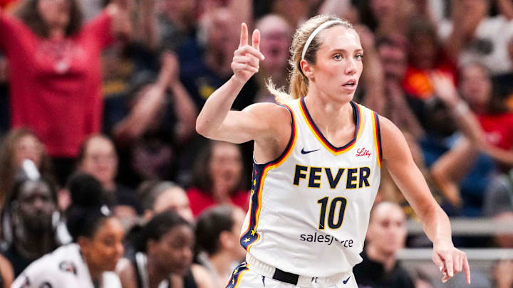 Indiana Fever guard Lexie Hull (10) celebrates after scoring Wednesday, July 9, 2025, during a game between the Indiana Fever and the Golden State Valkyries at Gainbridge Fieldhouse in Indianapolis.