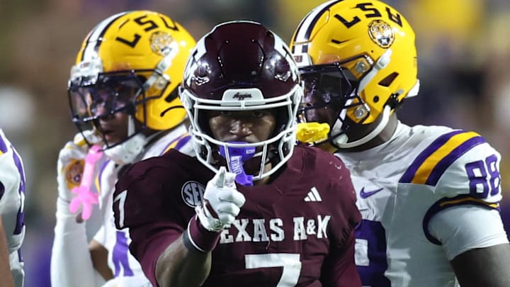 Texas A&M Aggies wide receiver KC Concepcion (7) celebrates after a first down during the first half against the Louisiana State Tigers at Tiger Stadium. Mandatory Credit: Stephen Lew-Imagn Images