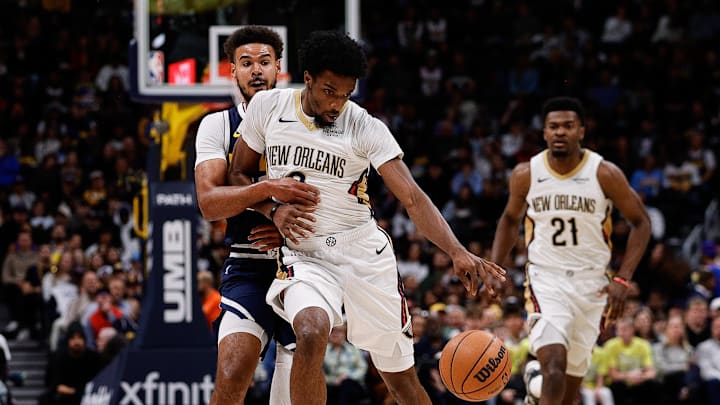 Oct 29, 2025; Denver, Colorado, USA; New Orleans Pelicans forward Herb Jones (2) dribbles the ball up court under pressure from Denver Nuggets forward Cam Johnson (23) in the first quarter at Ball Arena. Mandatory Credit: Isaiah J. Downing-Imagn Images Oct 29, 2025; Denver, Colorado, USA; New Orleans Pelicans forward Herb Jones (2) dribbles the ball up court under pressure from Denver Nuggets forward Cam Johnson (23) in the first quarter at Ball Arena. Mandatory Credit: Isaiah J. Downing-Imagn Images