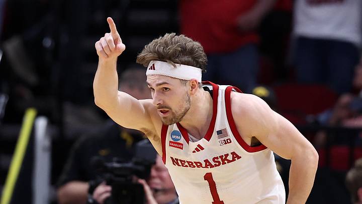 Mar 26, 2026; Houston, TX, USA; Nebraska Cornhuskers guard Sam Hoiberg (1) reacts against the Iowa Hawkeyes in the first half during a Sweet Sixteen game of the South Regional of the men's 2026 NCAA Tournament at Toyota Center. Mandatory Credit: Troy Taormina-Imagn Images