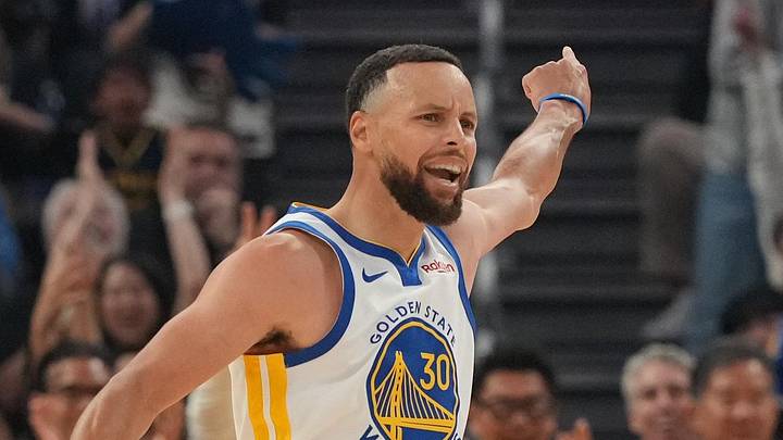 Apr 5, 2026; San Francisco, California, USA; Golden State Warriors guard Stephen Curry (30) reacts after making a three point basket against the Houston Rockets in the first quarter at the Chase Center. Mandatory Credit: Cary Edmondson-Imagn Images