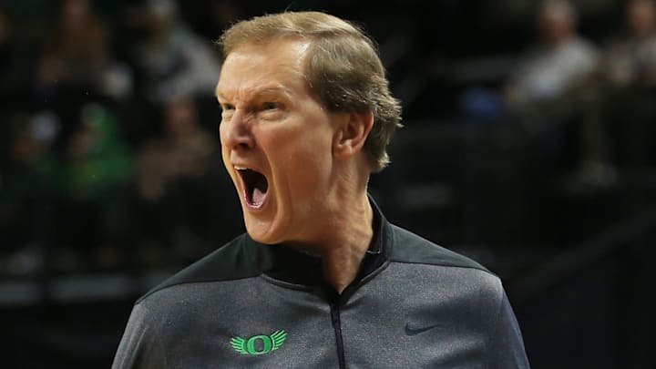 Oregon coach Dana Altman objects to a call during the first half of the Ducks game against Montana State at Matthew Knight Arena.

Basketball Eug Uombb Vs Montana State Montana State At Oregon