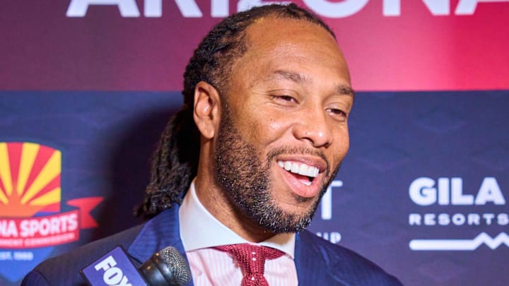 Nov 1, 2022; Phoenix, AZ, USA; Former Arizona Cardinals wide receiver Larry Fitzgerald talks to the media on the red carpet for the Arizona Sports Hall of Fame induction ceremony at Chateau Luxe.

Nfl Arizona Sports Hall Of Fame Induction Ceremony