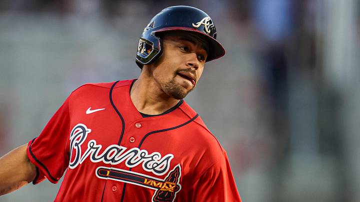 May 15, 2026; Cumberland, Georgia, USA; Atlanta Braves designated hitter Drake Baldwin (30) reacts after hitting a home run against the Boston Red Sox center during the first inning at Truist Park. Mandatory Credit: Dale Zanine-Imagn Images