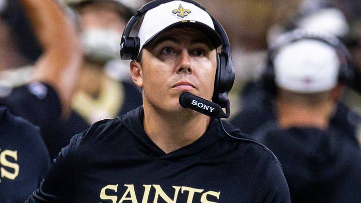Aug 23, 2025; New Orleans, Louisiana, USA; New Orleans Saints head coach Kellen Moore looks on against the Denver Broncos during the first half at Caesars Superdome. Mandatory Credit: Stephen Lew-Imagn Images