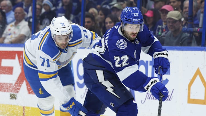 Dec 22, 2025; Tampa, Florida, USA; St. Louis Blues right wing Mathieu Joseph (71) and Tampa Bay Lightning right wing Oliver Bjorkstrand (22) battle for them puck in the first period at Benchmark International Arena. Mandatory Credit: Nathan Ray Seebeck-Imagn Images Dec 22, 2025; Tampa, Florida, USA; St. Louis Blues right wing Mathieu Joseph (71) and Tampa Bay Lightning right wing Oliver Bjorkstrand (22) battle for them puck in the first period at Benchmark International Arena. Mandatory Credit: Nathan Ray Seebeck-Imagn Images