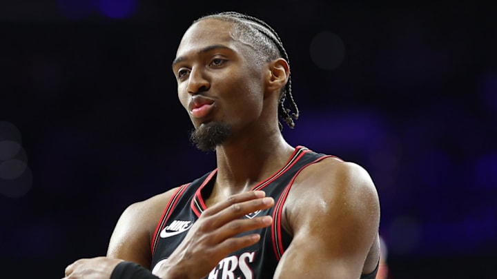 Philadelphia 76ers guard Tyrese Maxey (0) reacts during the first quarter against the San Antonio Spurs at Xfinity Mobile Arena.