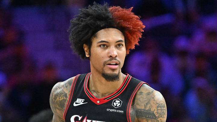 Apr 24, 2026; Philadelphia, Pennsylvania, USA; Philadelphia 76ers guard Kelly Oubre Jr. (9) reacts after a basket against Boston Celtics during the second half at Xfinity Mobile Arena. Mandatory Credit: Eric Hartline-Imagn Images