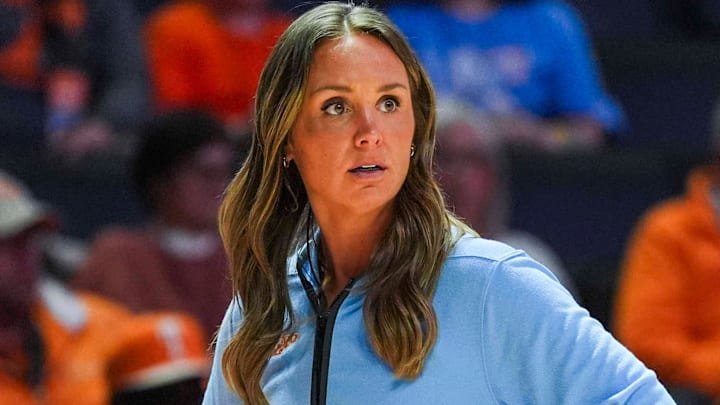 Tennessee coach Kim Caldwell during a NCAA exhibition game between the Tennessee Lady Vols and Columbus State Cougars at Thompson-Boling Arena at Food City Center in Knoxville, Tennessee on Oct. 29, 2025.