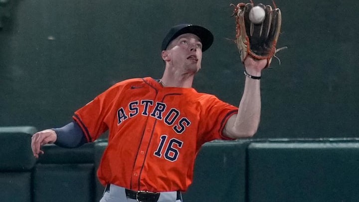 Sep 24, 2025; West Sacramento, California, USA; Houston Astros right fielder Zach Cole (16) makes a catch against the Athletics in the fourth inning at Sutter Health Park. Mandatory Credit: Cary Edmondson-Imagn Images