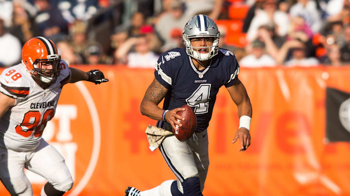 Nov 6, 2016; Cleveland, OH, USA; Dallas Cowboys quarterback Dak Prescott (4) against the Cleveland Browns during the second half at FirstEnergy Stadium. The Cowboys won 35-10. Mandatory Credit: Scott R. Galvin-Imagn Images