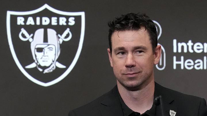 Apr 24, 2026; Henderson, NV, USA; Las Vegas Raiders coach Klint Kubiak at press conference at Intermountain Health Performance Center. Mandatory Credit: Kirby Lee-Imagn Images