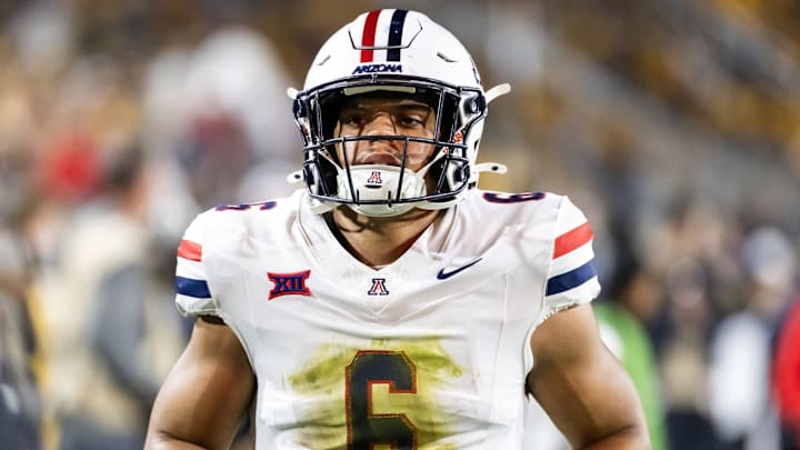 Nov 28, 2025; Tempe, Arizona, USA; Arizona Wildcats linebacker Taye Brown (6) against the Arizona State Sun Devils during the 99th Territorial Cup at Mountain America Stadium. Mandatory Credit: Mark J. Rebilas-Imagn Images