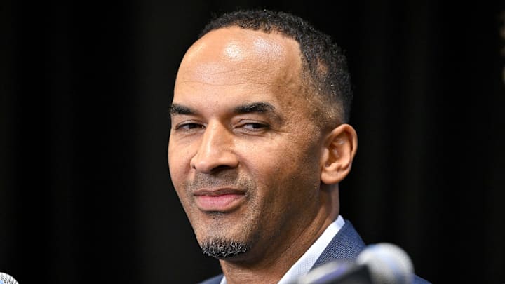 Jun 27, 2025; Dallas, TX, USA; Dallas Mavericks general manager Nico Harrison speaks to the media at the Dallas Mavericks Practice Facility. Mandatory Credit: Jerome Miron-Imagn Images