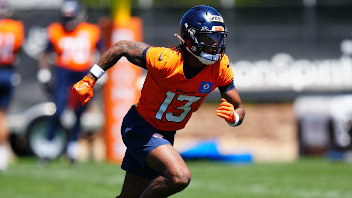 May 10, 2025; Englewood, CO, USA; Denver Broncos wide receiver Pat Bryant (13) during rookie minicamp at Broncos Park Powered by CommonSpirit. 