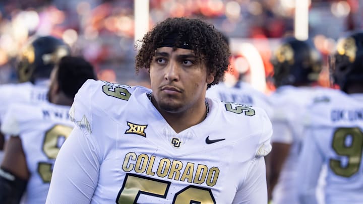 Oct 19, 2024; Tucson, Arizona, USA; Colorado Buffaloes guard Yahya Attia (59) against the Arizona Wildcats at Arizona Stadium. Mandatory Credit: Mark J. Rebilas-Imagn Images