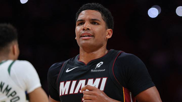 Miami Heat guard Dru Smith (12) looks on (Mandatory Credit: Sam Navarro-Imagn Images)