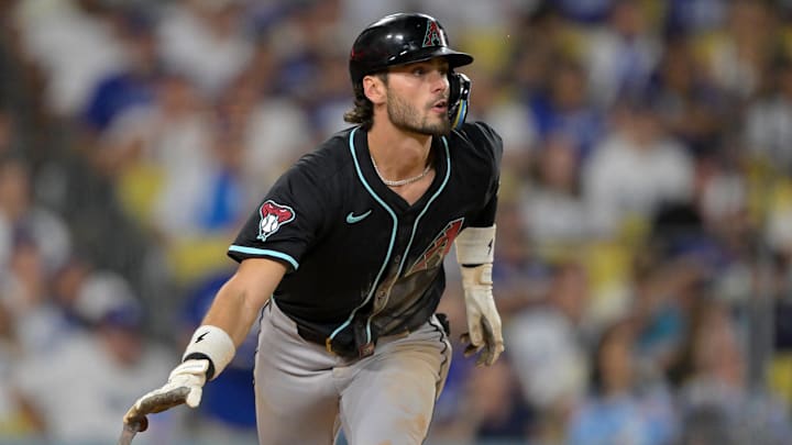 Aug 30, 2025; Los Angeles, California, USA; Arizona Diamondbacks shortstop Blaze Alexander (9) double during the seventh inning against the Los Angeles Dodgers at Dodger Stadium. Mandatory Credit: Jayne Kamin-Oncea-Imagn Images