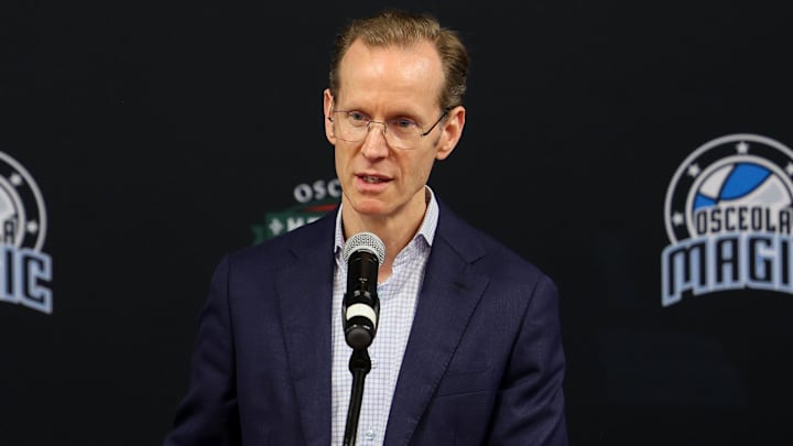 Orlando Magic president of basketball operations Jeff Weltman speaks during a press conference for the new Orlando Magic G-League stadium at Osceola Heritage Park. 