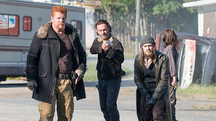 Steven Yeun as Glenn Rhee, Danai Gurira as Michonne, Michael Cudlitz as Abraham, Andrew Lincoln as Rick Grimes, Lauren Cohan as Maggie Greene, Norman Reedus as Daryl Dixon, and Tom Payne as Jesus – The Walking Dead _ Season 6, Episode 11 – Photo Credit: Gene Page/AMC Steven Yeun as Glenn Rhee, Danai Gurira as Michonne, Michael Cudlitz as Abraham, Andrew Lincoln as Rick Grimes, Lauren Cohan as Maggie Greene, Norman Reedus as Daryl Dixon, and Tom Payne as Jesus – The Walking Dead _ Season 6, Episode 11 – Photo Credit: Gene Page/AMC