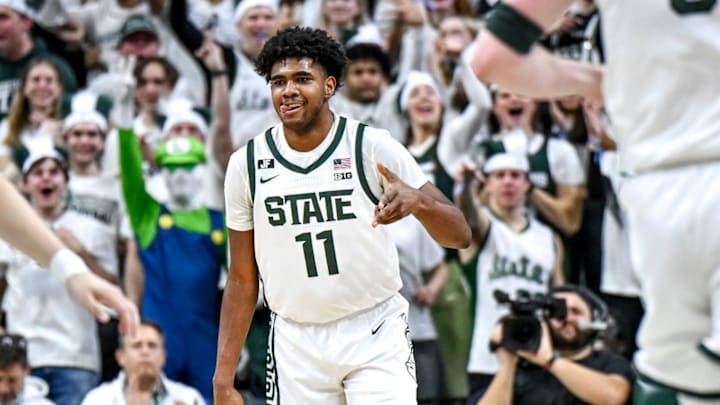 Michigan State's Jase Richardson celebrates a 3-pointer against Purdue during the first half on Tuesday, Feb. 18, 2025, at the Breslin Center in East Lansing.