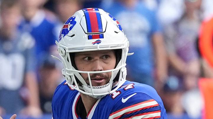 Oct 4, 2026; Orchard Park, New York, USA;  Josh Allen #17 of the Buffalo Bills looks to pass during the first quarter against the New England Patriots at New Highmark Stadium.  Mandatory Credit: Gregory Fisher-Imagn Images