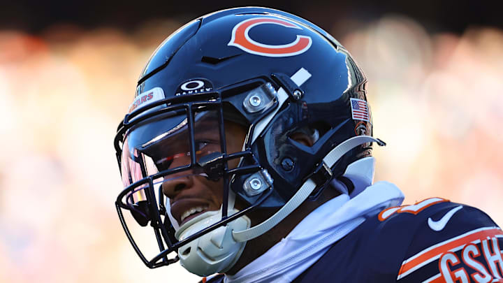 Nov 23, 2025; Chicago, Illinois, USA; Chicago Bears wide receiver DJ Moore (2) reacts during the second half at Soldier Field. Mandatory Credit: Mike Dinovo-Imagn Images