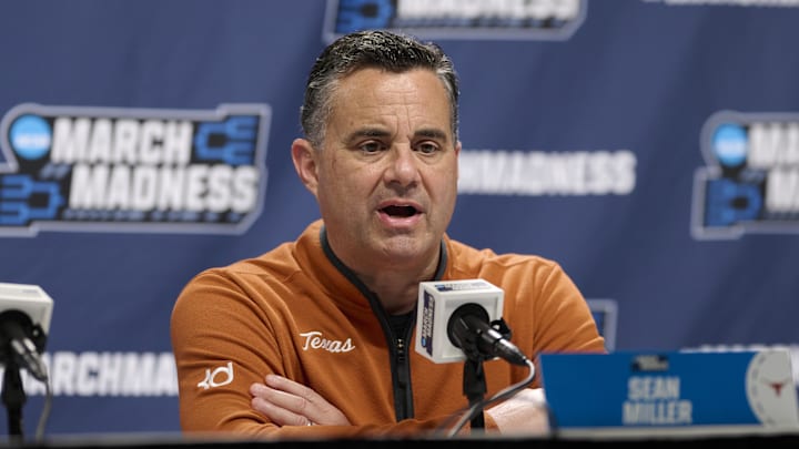 Texas Longhorns head coach Sean Miller answers questions during a press conference before a practice session ahead of the first round of the men's 2026 NCAA Tournament at Moda Center. 