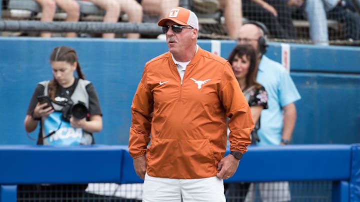 Texas Longhorns head coach Mike White look on in the sixth inning against the Florida Gators.