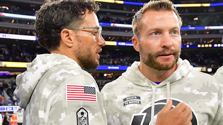 Nov 11, 2024; Inglewood, California, USA; Miami Dolphins head coach Mike McDaniel meets with Los Angeles Rams head coach Sean McVay following the game at SoFi Stadium. Mandatory Credit: Gary A. Vasquez-Imagn Images Nov 11, 2024; Inglewood, California, USA; Miami Dolphins head coach Mike McDaniel meets with Los Angeles Rams head coach Sean McVay following the game at SoFi Stadium. Mandatory Credit: Gary A. Vasquez-Imagn Images