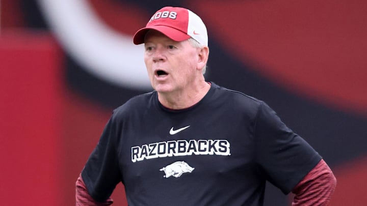 Arkansas Razorbacks offensive coordinator and quarterbacks coach Bobby Petrino during practice.
