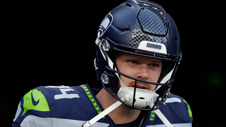 Seattle Seahawks quarterback Sam Darnold takes the field for warm ups before a game against the New England Patriots. Seattle Seahawks quarterback Sam Darnold takes the field for warm ups before a game against the New England Patriots.