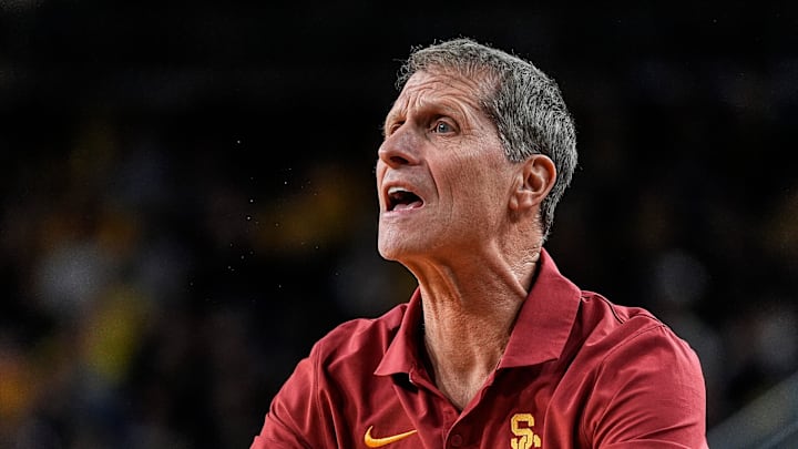 USC head coach Eric Musselman reacts to a play against Michigan during the first half at Crisler Center in Ann Arbor on Friday, Jan. 2, 2026.