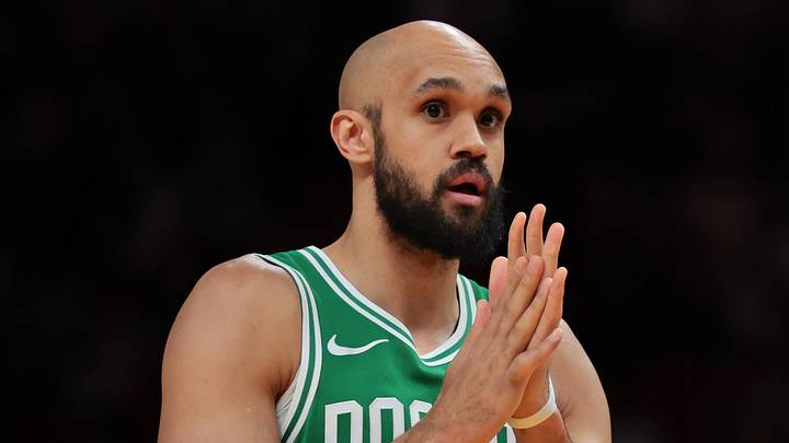 Apr 1, 2026; Miami, Florida, USA; Boston Celtics guard Derrick White (9) looks on before the game against the Miami Heat at Kaseya Center. Mandatory Credit: Sam Navarro-Imagn Images