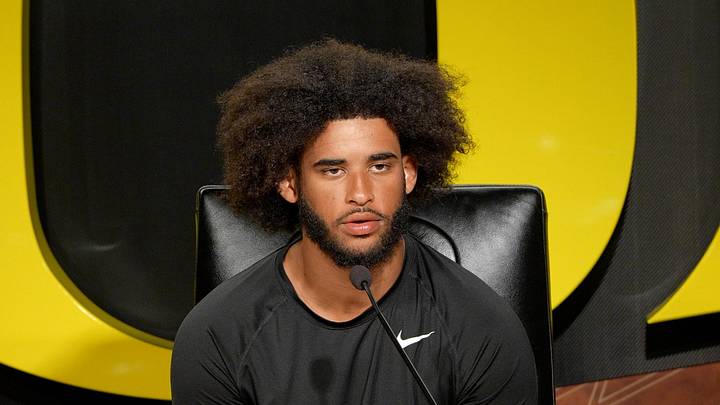Oregon quarterback Dante Moore speaks during a media availability on April 7, 2026, in Eugene, Oregon. Oregon quarterback Dante Moore speaks during a media availability on April 7, 2026, in Eugene, Oregon.