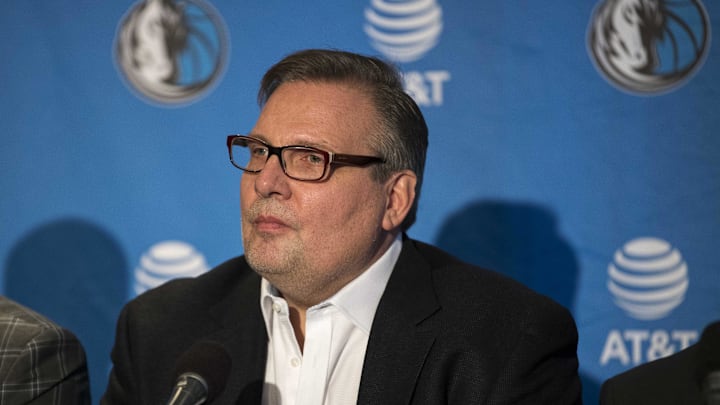 Jun 22, 2018; Dallas, TX, USA; Dallas Mavericks general manager Donnie Nelson answers questions during a press conference at the American Airlines Center. Mandatory Credit: Jerome Miron-Imagn Images