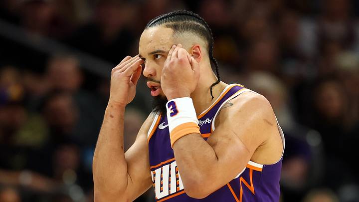 Phoenix, Arizona, USA; Phoenix Suns forward Dillon Brooks (3) reacts against the Cleveland Cavaliers at Mortgage Matchup Center on Jan 30, 2026. Phoenix, Arizona, USA; Phoenix Suns forward Dillon Brooks (3) reacts against the Cleveland Cavaliers at Mortgage Matchup Center on Jan 30, 2026.