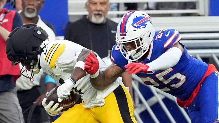 Aug 27, 2026; Orchard Park, New York, USA; Pittsburgh Steelers wide receiver Germie Bernard (17) scores a touchdown defended by Buffalo Bills defensive back Geno Stone (25) during the first quarter at New Highmark Stadium. Mandatory Credit: Gregory Fisher-Imagn Images Aug 27, 2026; Orchard Park, New York, USA; Pittsburgh Steelers wide receiver Germie Bernard (17) scores a touchdown defended by Buffalo Bills defensive back Geno Stone (25) during the first quarter at New Highmark Stadium. Mandatory Credit: Gregory Fisher-Imagn Images