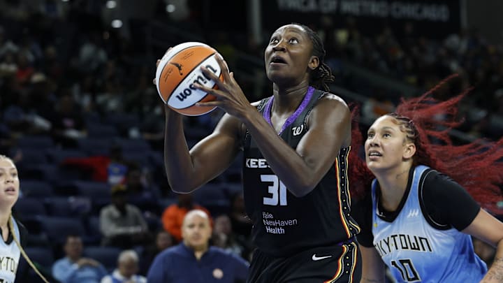Connecticut Sun center Tina Charles (31) drives to the basket against Chicago Sky center Kamilla Cardoso (10) during the first half at Wintrust Arena.