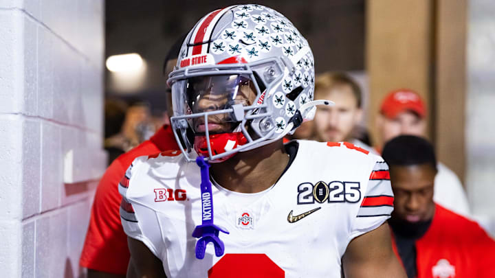 Jan 20, 2025; Atlanta, GA, USA; Ohio State Buckeyes safety Caleb Downs (2) against the Notre Dame Fighting Irish during the CFP National Championship college football game at Mercedes-Benz Stadium. Mandatory Credit: Mark J. Rebilas-Imagn Images