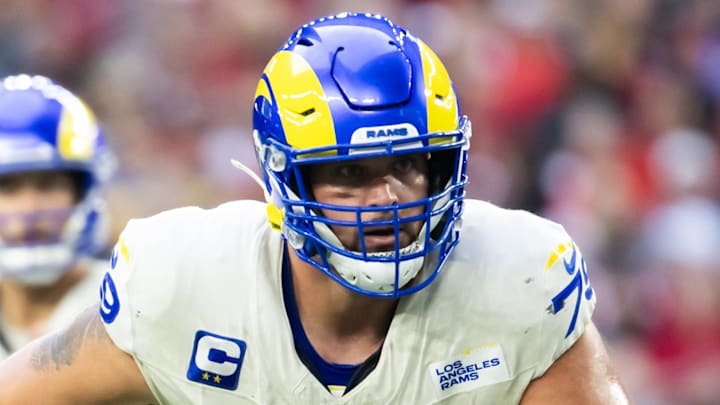 Nov 26, 2023; Glendale, Arizona, USA; Los Angeles Rams offensive tackle Rob Havenstein (79) against the Arizona Cardinals at State Farm Stadium. Mandatory Credit: Mark J. Rebilas-Imagn Images