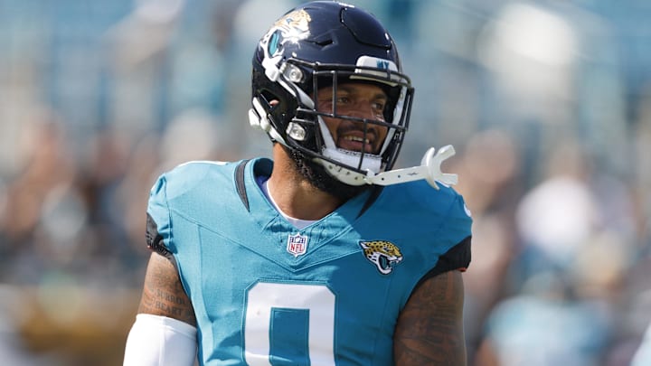 Oct 27, 2024; Jacksonville, Florida, USA; Jacksonville Jaguars wide receiver Gabe Davis (0) before the game against the Green Bay Packers at EverBank Stadium. Mandatory Credit: Morgan Tencza-Imagn Images