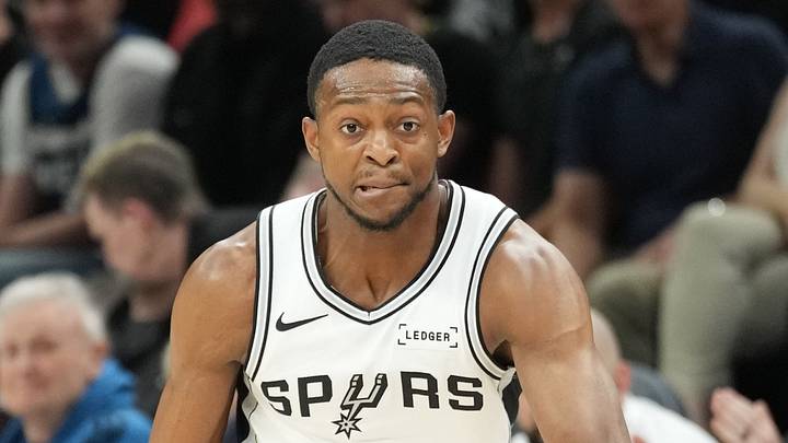 May 15, 2026; Minneapolis, Minnesota, USA; San Antonio Spurs guard De'aaron Fox (4) dribbles the ball against the Minnesota Timberwolves in the first half during game six of the second round of the 2026 NBA Playoffs at Target Center. Mandatory Credit: Jesse Johnson-Imagn Images