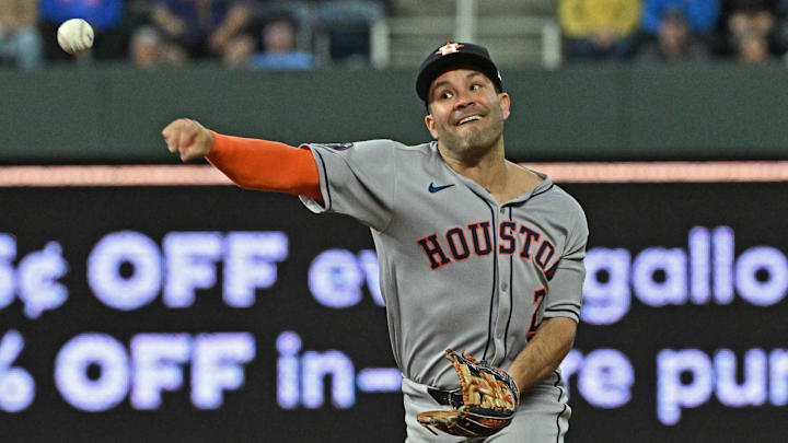 Apr 25, 2025; Kansas City, Missouri, USA; Houston Astros second baseman Jose Altuve (27) throws to first base in the seventh inning against the Kansas City Royals at Kauffman Stadium. Apr 25, 2025; Kansas City, Missouri, USA; Houston Astros second baseman Jose Altuve (27) throws to first base in the seventh inning against the Kansas City Royals at Kauffman Stadium.