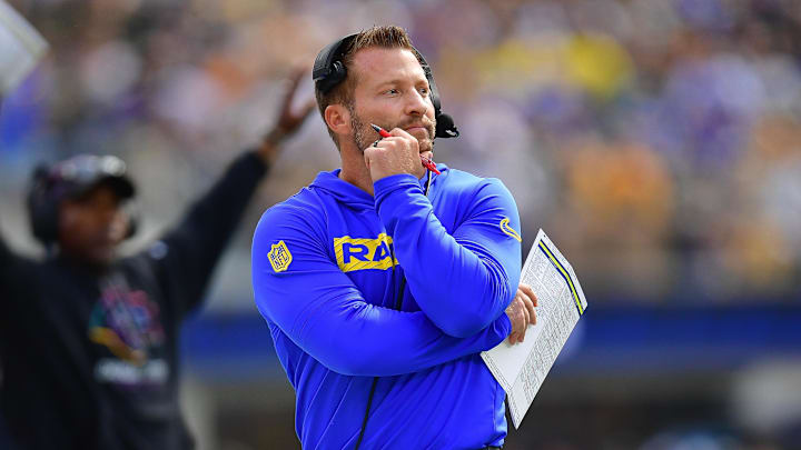 Oct 6, 2024; Inglewood, California, USA; Los Angeles Rams head coach Sean McVay watches game action against the Green Bay Packers during the first half at SoFi Stadium. Mandatory Credit: Gary A. Vasquez-Imagn Images Oct 6, 2024; Inglewood, California, USA; Los Angeles Rams head coach Sean McVay watches game action against the Green Bay Packers during the first half at SoFi Stadium. Mandatory Credit: Gary A. Vasquez-Imagn Images