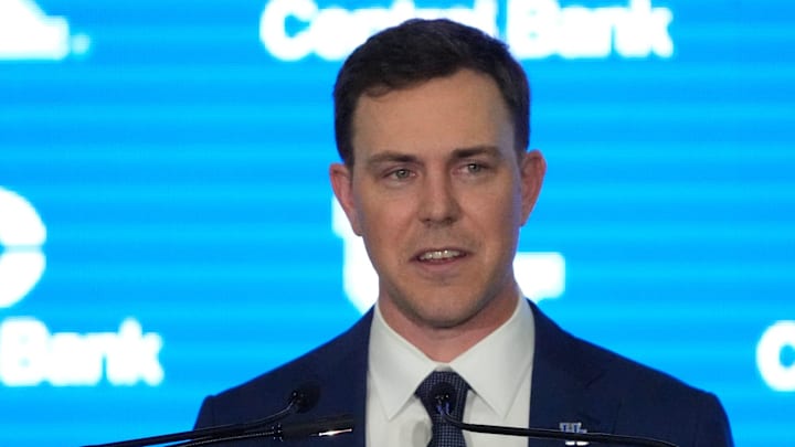 New Kentucky Wildcat head coach Will Stein makes remarks as he is introduced at Kentucky on Wednesday, December 3, 2025