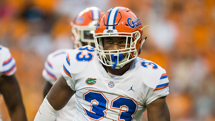Sep 22, 2018; Knoxville, TN, USA; Florida Gators linebacker David Reese II (33) celebrates after a play against the Tennessee Volunteers in a game at Neyland Stadium. Mandatory Credit: Bryan Lynn-Imagn Images